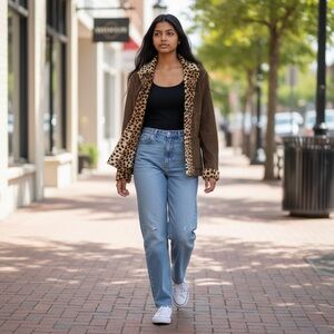 Stylish Brown Jacket with Leopard Trim and Lining. Faux Suede